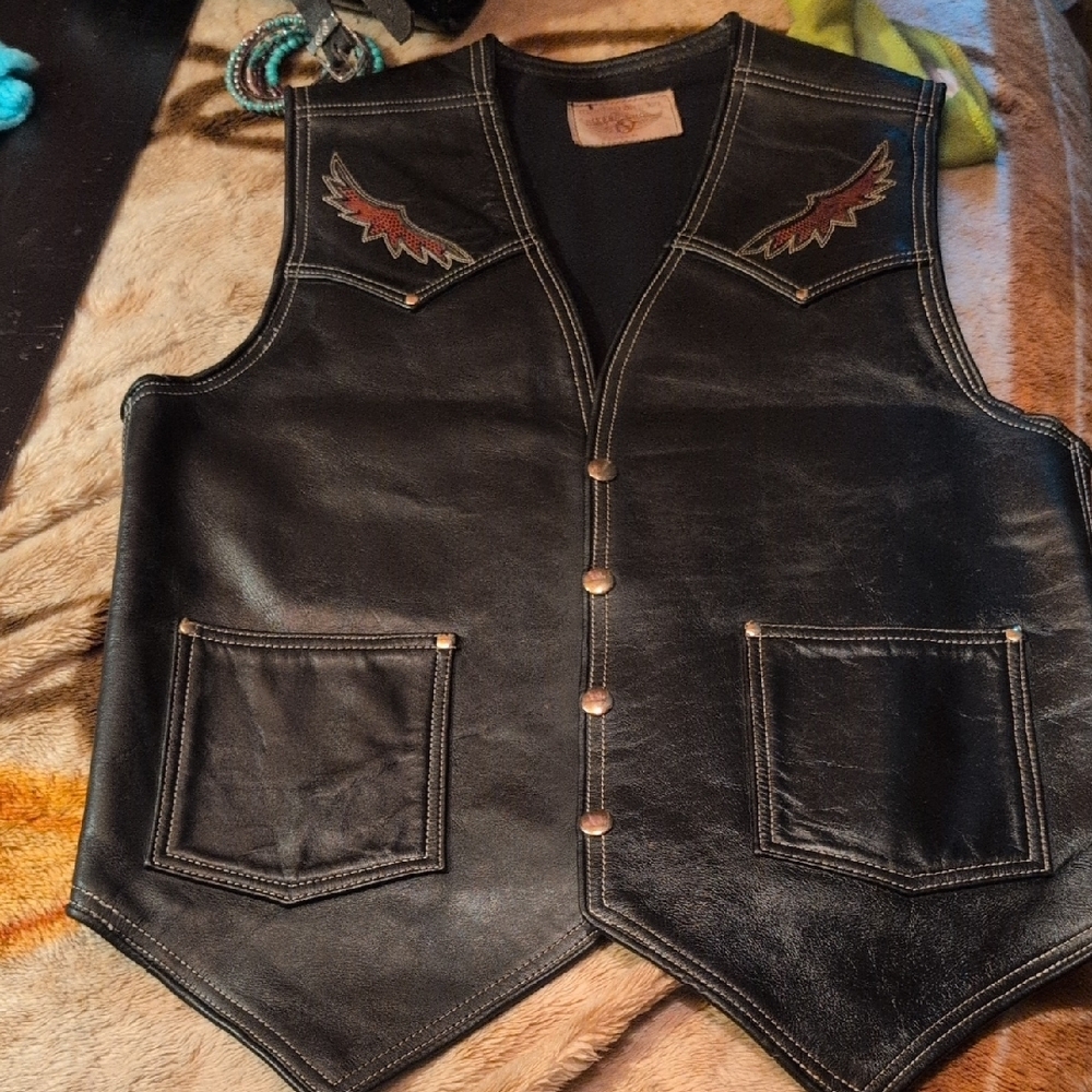 Men's Black Leather Vest with Embroidered Accents